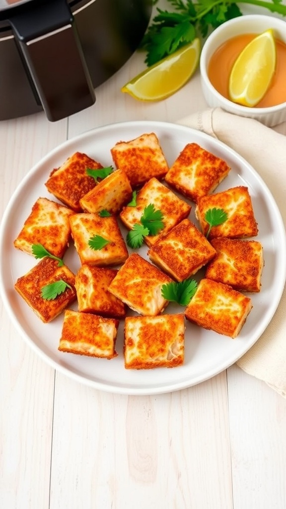 Crispy air fryer salmon bites garnished with parsley on a plate with dipping sauce and lemon wedges.